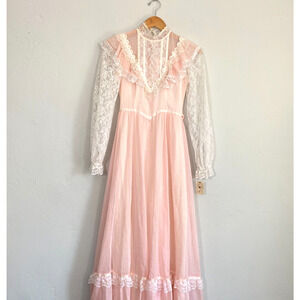 Gunne Sax by Jessica McClintock Dress Women Sz XS Pink Lace Prairie Cottagecore